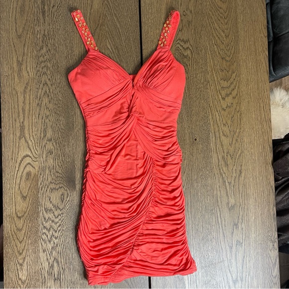 Coral V- Neckline Scrunch Sexy Dress w/Rhinestones Flattering Stretch Size S - Picture 4 of 8